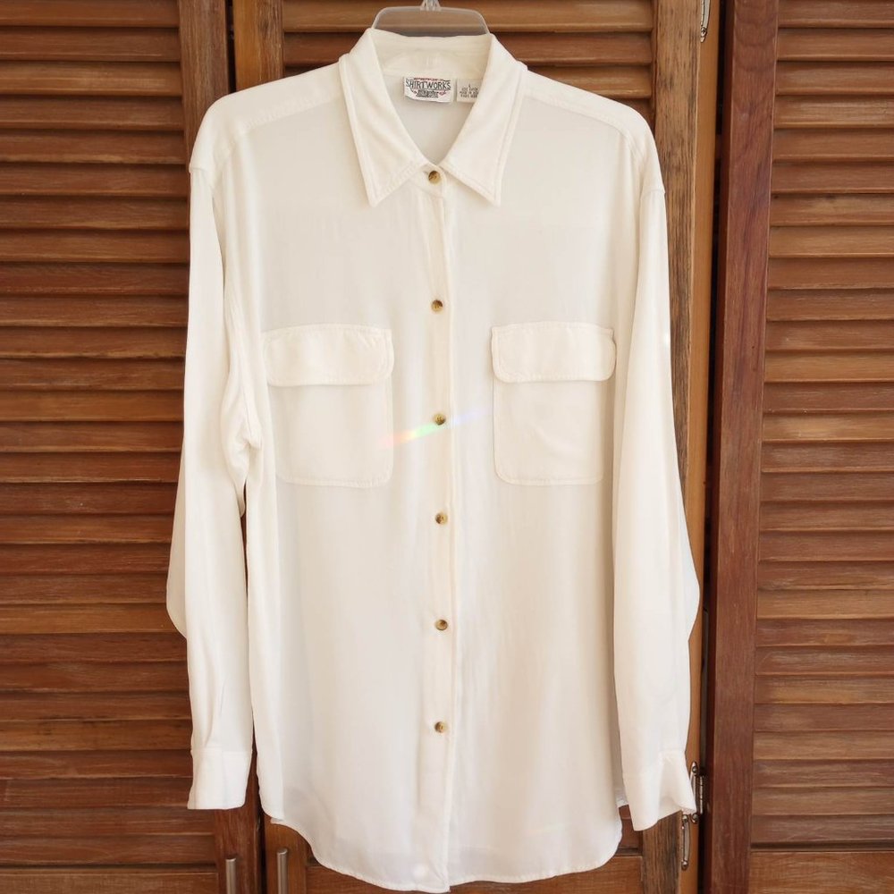 Long white rayon shirt by Shirtworks size large